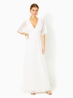 Lilly Pulitzer Parigi fit & flare Maxi Dress White Scalloped Shell Lace XL NWT